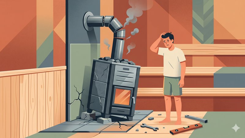 Иллюстрация типичных ошибок при монтаже дорогой дровяной печи в бане в современном стиле